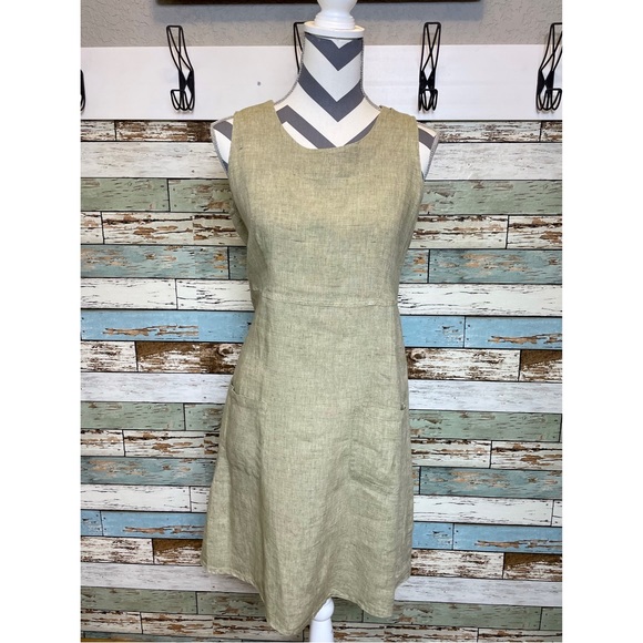 Women's FLAX 100% Linen Shift Dress Sleeveless w/ Pockets Lagonlook Size P 4-6 - Picture 1 of 7